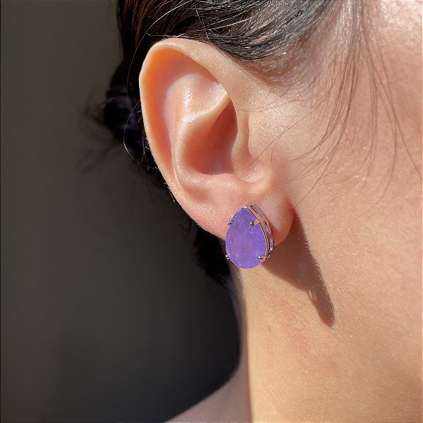 Brinco Gota Solitário Ultraviolet Fusion Banhado a Ródio Branco