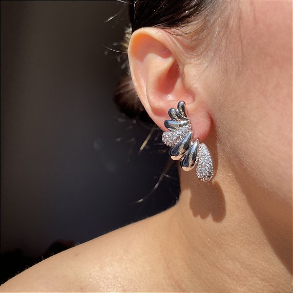 Brinco Ear Cuff Gotas Lisas e Cravejadas Banhado Rodio Branco