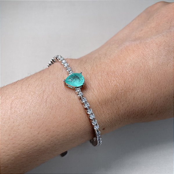 Pulseira Riviera Cristais Redondo e Gota Turmalina Fusion Banhado a Ródio Branco