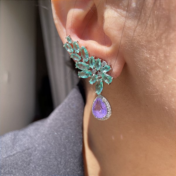 Brinco Ear Cuff Gota Bicolor Turmalina e Lavanda Fusion Banhado a Ródio Branco