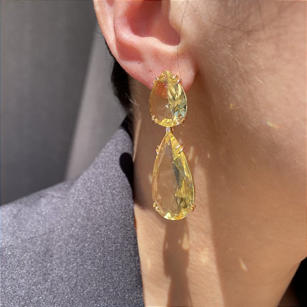 Brinco Luxo Gota Dupla Yellow Banhado a Ouro