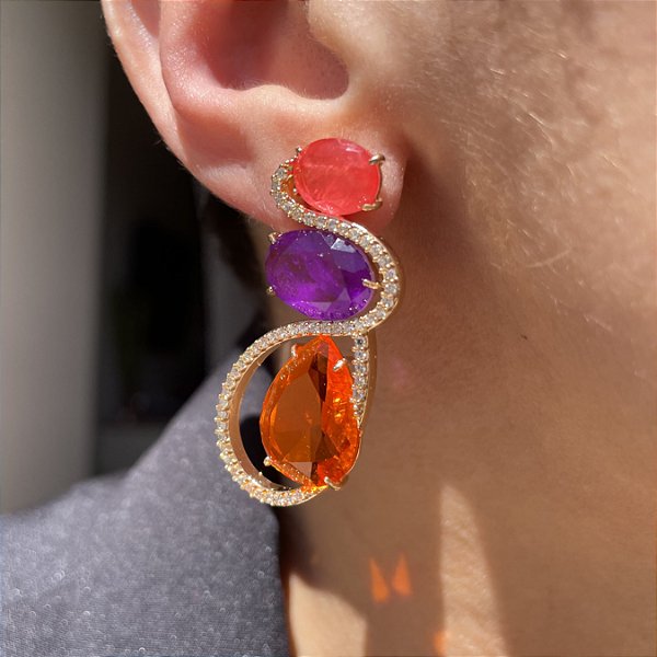 Brinco Gota Trançada Bicolor Laranja, Ultraviolet e Tangerina Fusion Banhado a Ouro