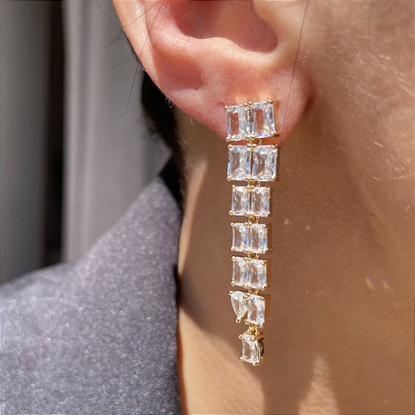 Brinco Pêndulo Retangular Banhado a Ouro