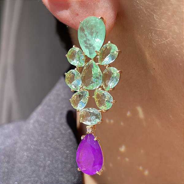 Brinco Luxo Folhagem Bicolor Greenery e Ultraviolet Fusion Banhado a Ouro