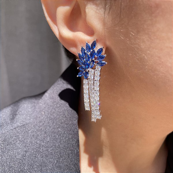 Brinco Navetes Safira Azul Banhado a Ródio Branco