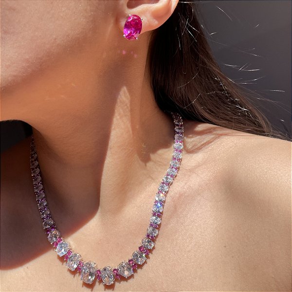 Conjunto Luxo Oval Safira Rosa Banhado a Ródio Branco
