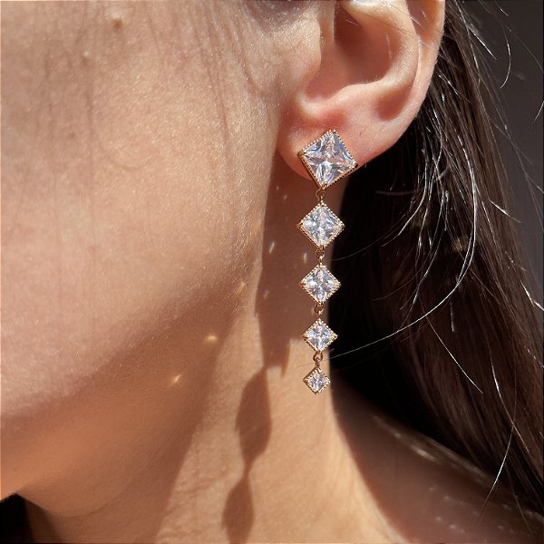 Brinco Square Pêndulo Cristal Banhado a Ouro