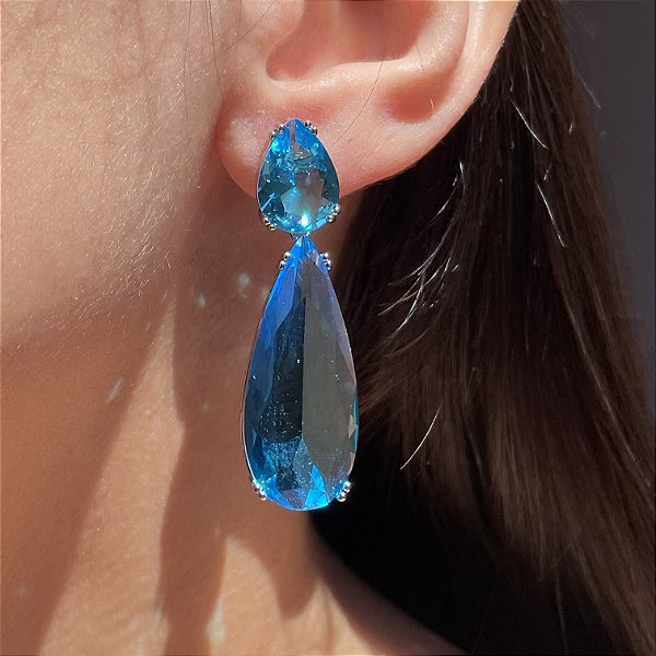 Brinco Gota Dupla Azul Banhado a Ródio Branco