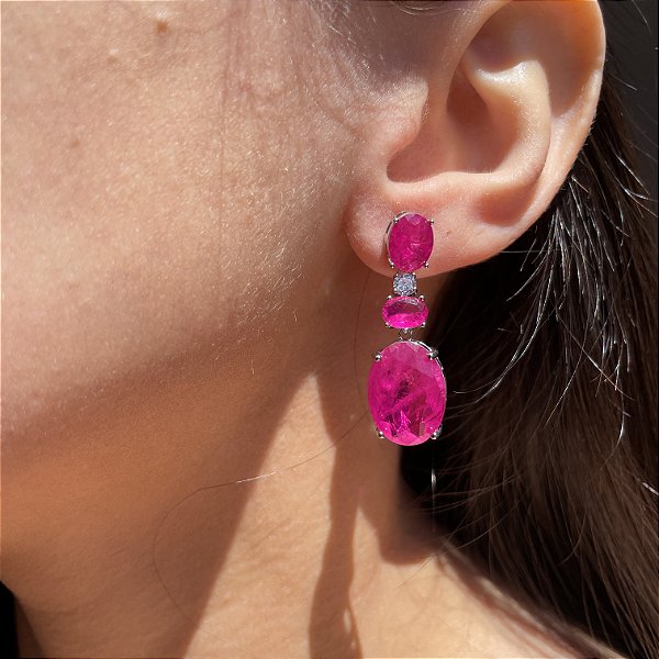 Brinco Luxo Oval Pink Fusion Banhado a Ródio Branco