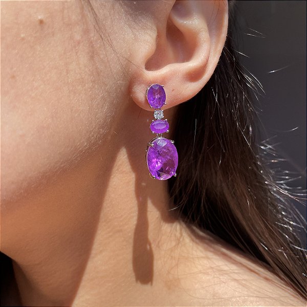 Brinco Luxo Oval Ultraviolet Fusion Banhado a Ródio Branco