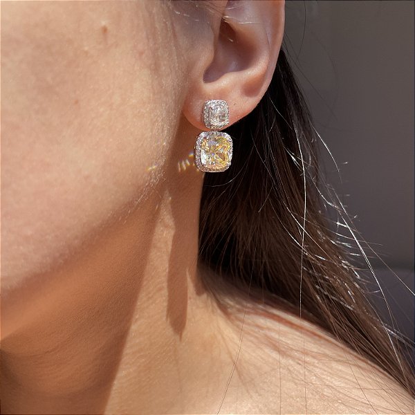 Brinco Square Yellow Banhado a Ródio Branco