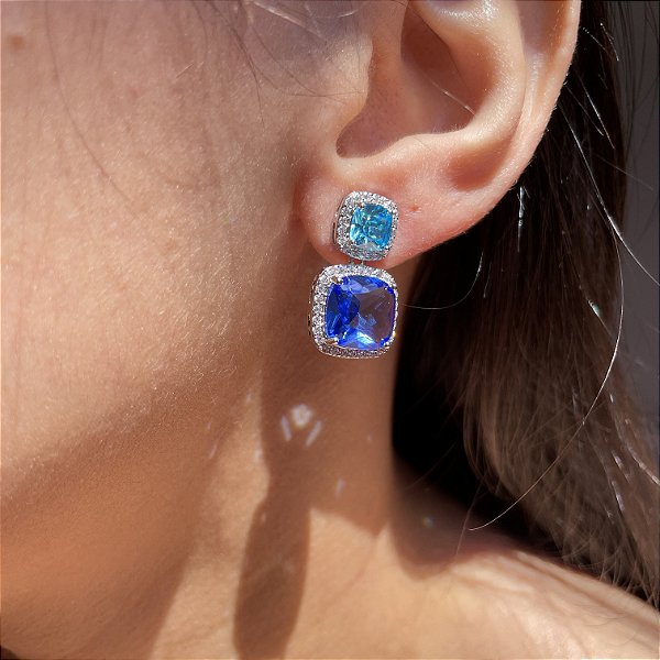 Brinco Square Azul e Tanzanita Banhado a Ródio Branco