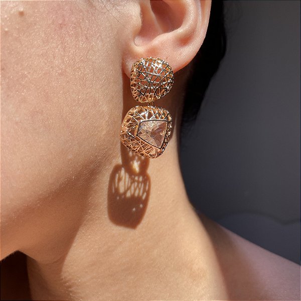 Brinco Organic Aramado Cristal Banhado a Ouro