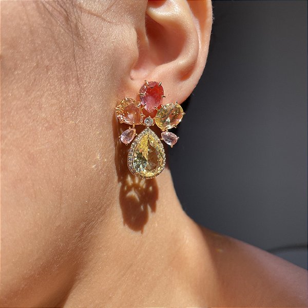 Brinco Meia Flor Yellow Banhado a Ouro