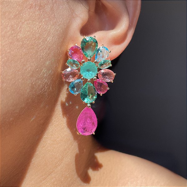 Brinco Flower Colors Gota Fúcsia/Pink Banhado a Ouro