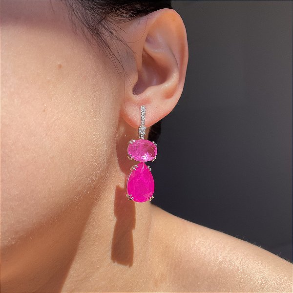 Brinco Oval Fúcsia/Pink Fusion Banhado a Ródio Branco