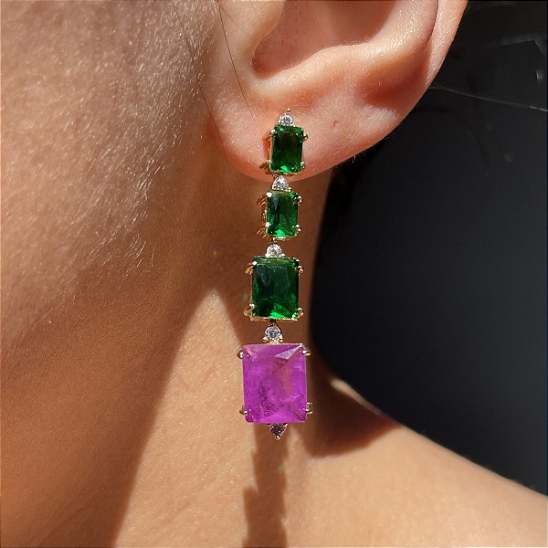 Brinco Retangular Bicolor Verde Esmeralda e Ultraviolet/Roxo Escuro Fusion Banhado a Ouro