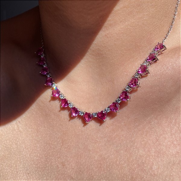 Colar Corações Safira Rosa Banhado a Ródio Branco