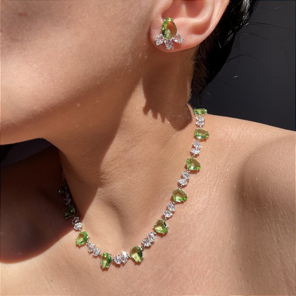 Conjunto Choker Riviera Gotas Cristal e Peridoto Banhado a Ródio Branco