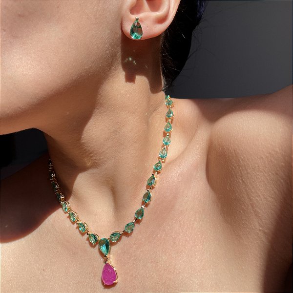 Conjunto Gotas Luxo Turmalina e Pink/Fúcsia Fusion Banhado a Ouro