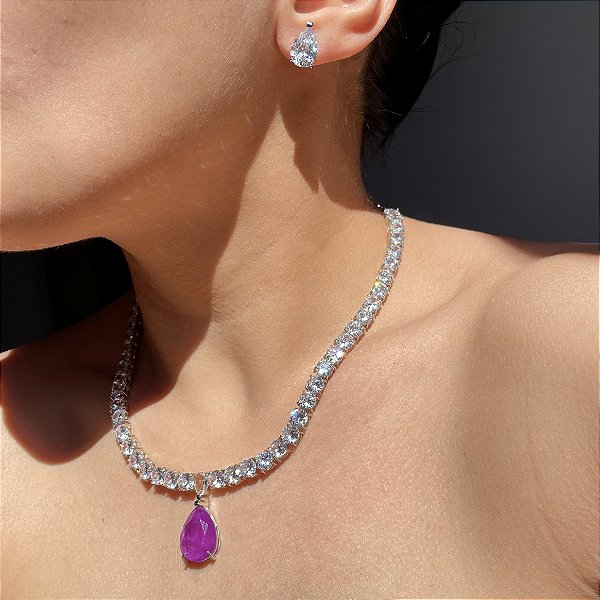 Conjunto Riviera Luxo Cristal e Ultraviolet/Roxo Fusion Banhado a Ródio Branco
