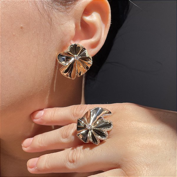 Conjunto Organic Zig Zag Cristal Banhado a Ouro - Aro 17/18