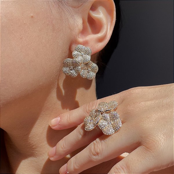 Conjunto Flowers Cravejado Cristal Banhado a Ouro - Aro 18/19