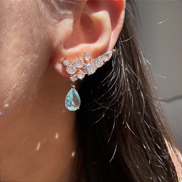 Brinco Ear Cuff Gota Acqua/Água Marinha Banhado a Ouro