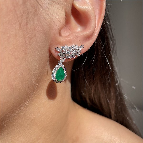 Brinco Ear Cuff Shine Gota Esmeralda Fusion Banhado a Ródio Branco