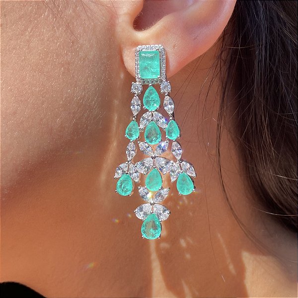 Brinco Luxo Maxi Lustre Turmalina Fusion Banhado a Ródio Branco