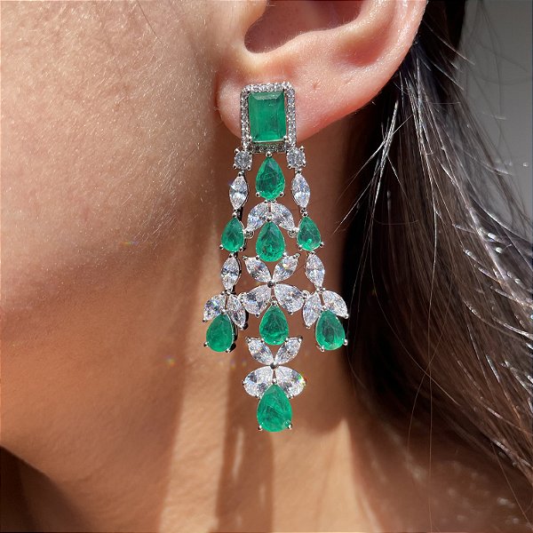 Brinco Luxo Maxi Lustre Esmeralda Fusion Banhado a Ródio Branco