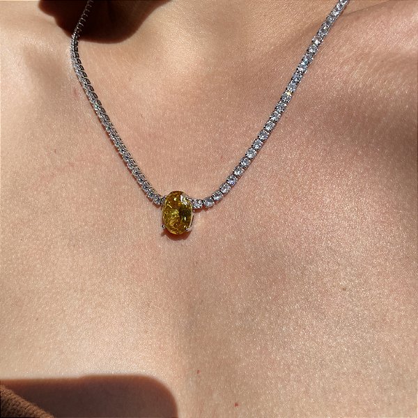 Colar Riviera Maleável Oval Yellow Banhado a Ródio Branco