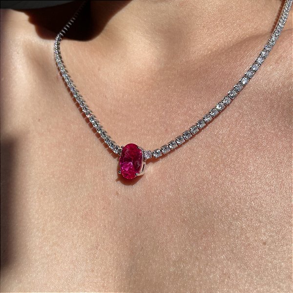 Colar Riviera Maleável Oval Safira Rosa Banhado a Ródio Branco