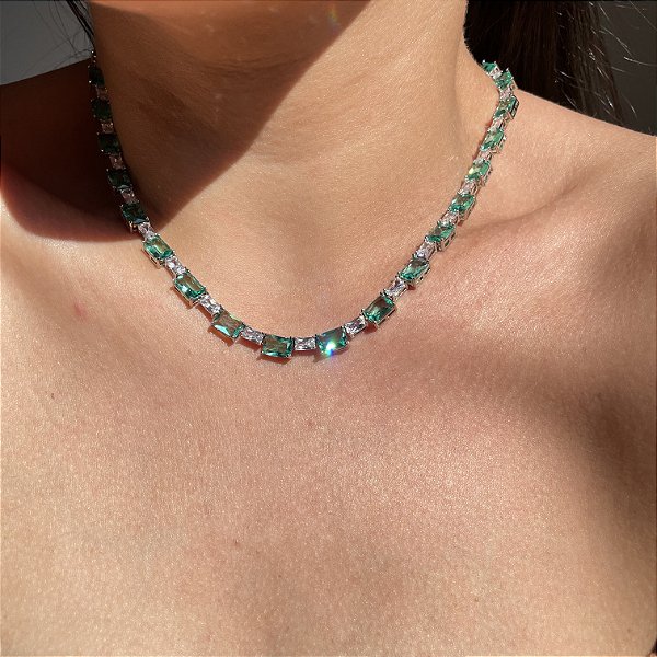 Colar Riviera Retangular Turmalina Banhado a Ródio Branco