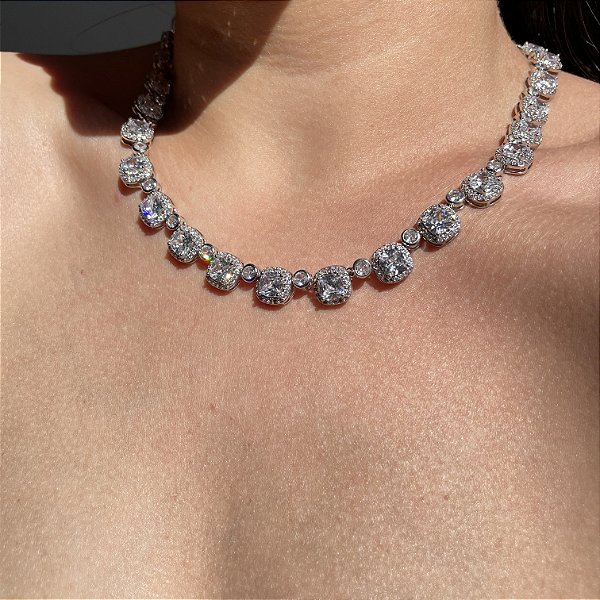 Colar Riviera Square Luxo Cristal Banhado a Ródio Branco