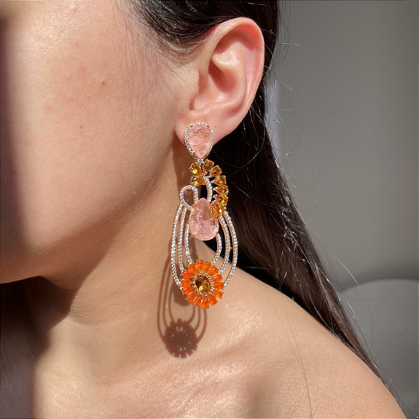 Brinco Luxo Bicolor Tangerina e Morganita Fusion Banhado a Ouro