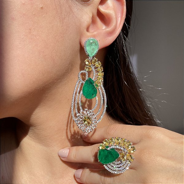 Conjunto Luxo Bicolor Yellow, Turmalina e Verde Esmeralda Fusion Banhado a Ouro - Aro 17