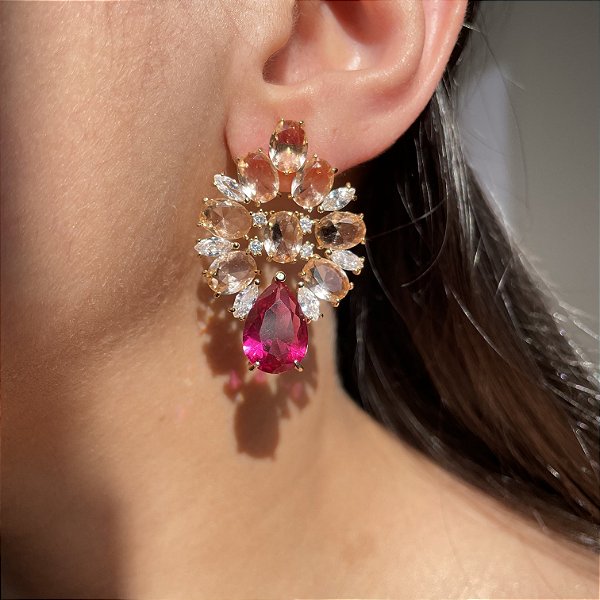Brinco Arabesco Morganita e Safira Rosa Banhado a Ouro