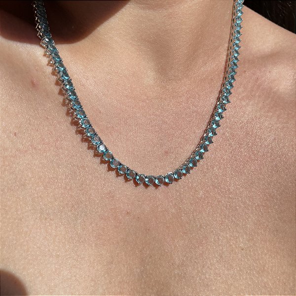 Colar Riviera Azul Banhado a Ródio Branco