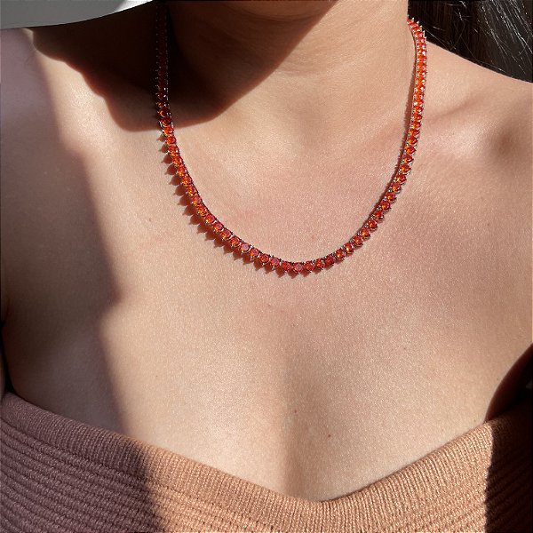 Colar Riviera Laranja Banhado a Ródio Branco