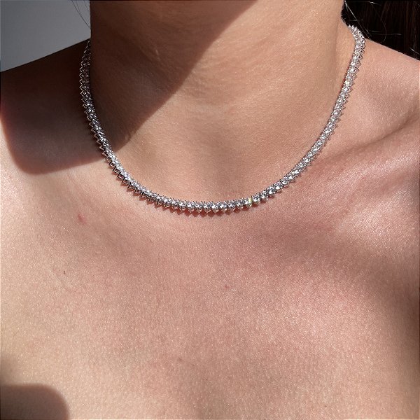 Colar Riviera 3 Garras Trama Rígida 3mm Cristal Banhado a Ródio Branco - 40cm