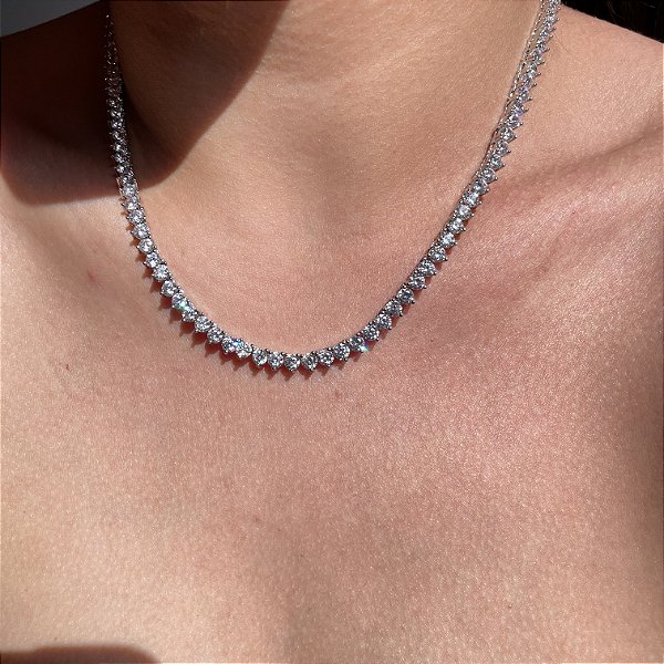 Colar Riviera 3 Garras Trama Rígida 3mm Cristal Banhado a Ródio Branco - 45cm