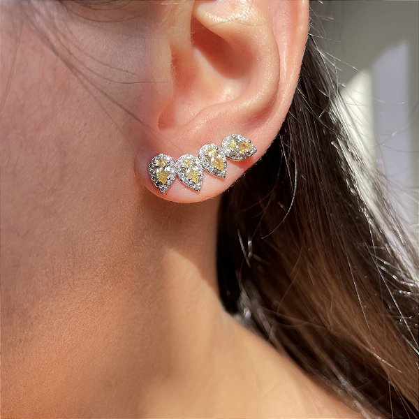 Brinco Ear Cuff Navetes Yellow Banhado a Ródio Branco