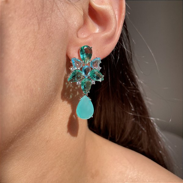 Brinco Bicolor Flor Acqua/Azul e Turmalina Banhado a Ródio Branco