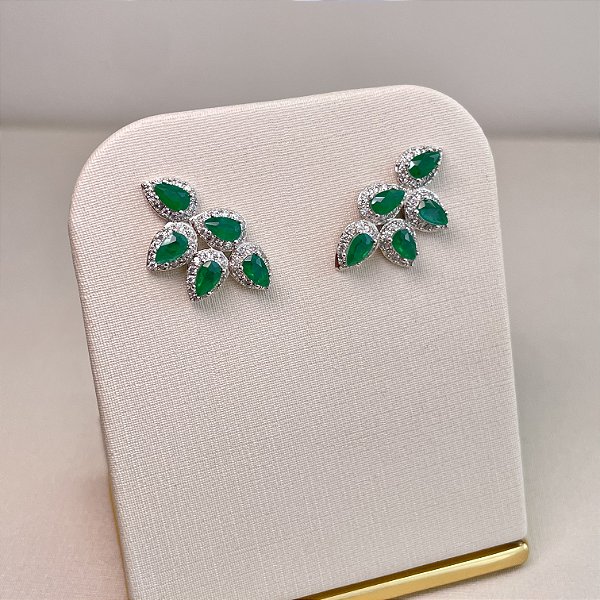 Brinco Ear Cuff Mini Leaf Navetes Verde Esmeralda Fusion Banhado a Ródio Branco