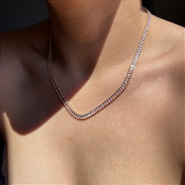 Colar Riviera Maleável Baguetes Morganita Banhado a Ouro - 40cm