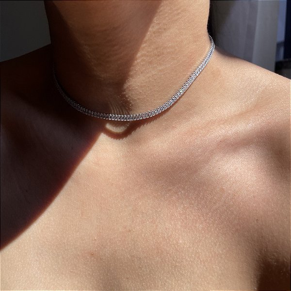 Colar Chocker Riviera Maleável Baguetes Banhado a Ródio Branco - 38cm