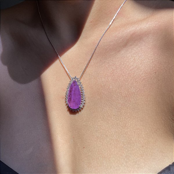 Colar Gota Ultraviolet Fusion Banhado a Ródio Branco