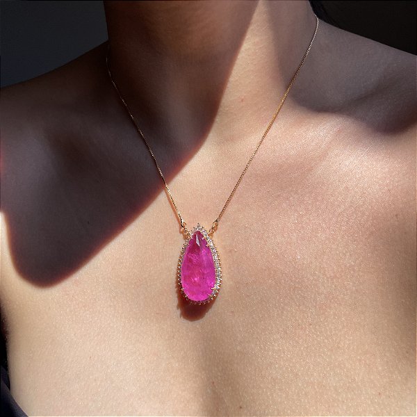 Colar Gota Pink Fusion e Cristal Banhado a Ouro