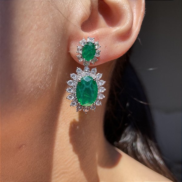 Brinco Oval Princess 2 em 1 Esmeralda Fusion Banhado a Ródio Branco